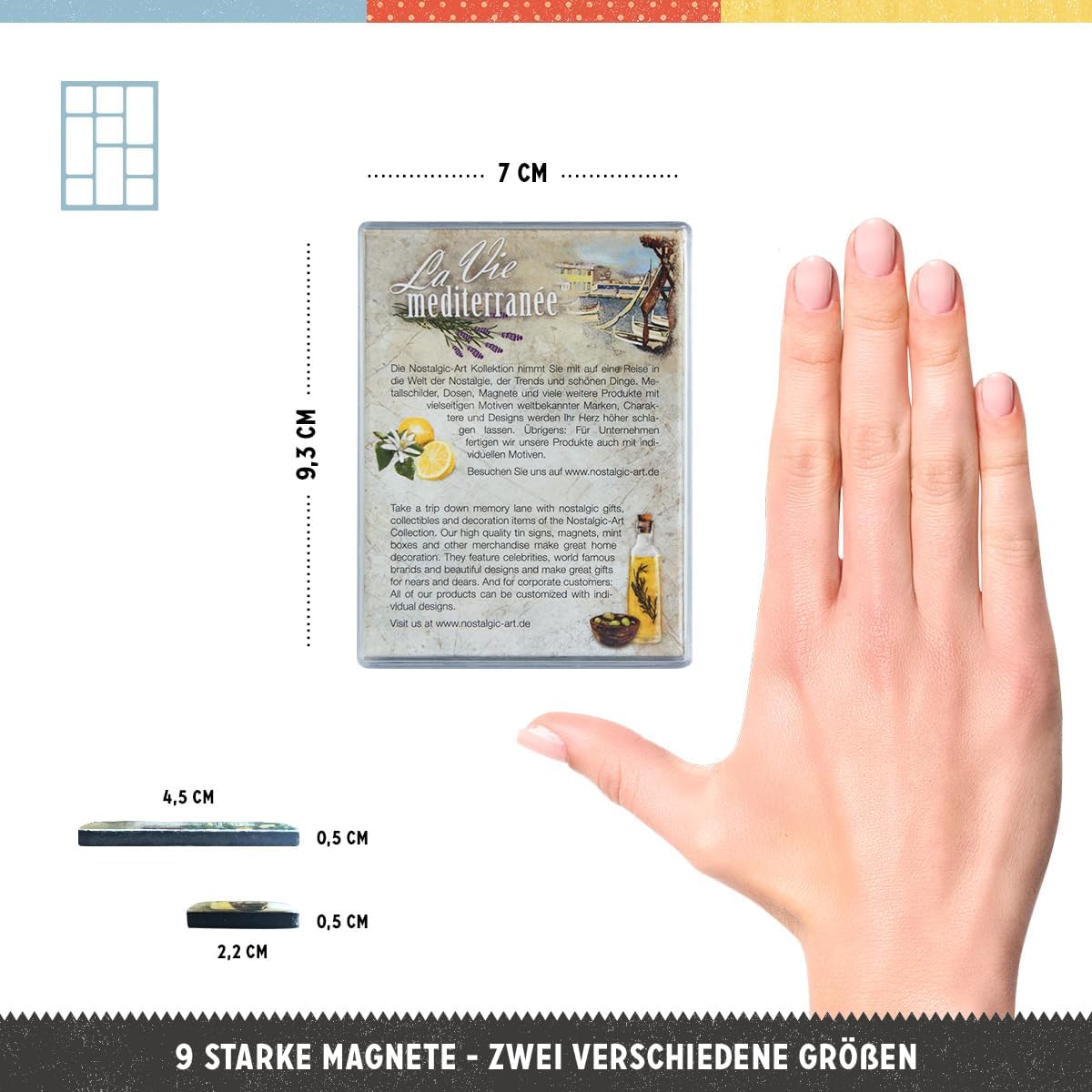 Nostalgic-Art Imanes de nevera estilo retro, mediterráneo, idea de regalo para la cocina, juego de imanes para tablón de anuncios, diseño vintage, 9