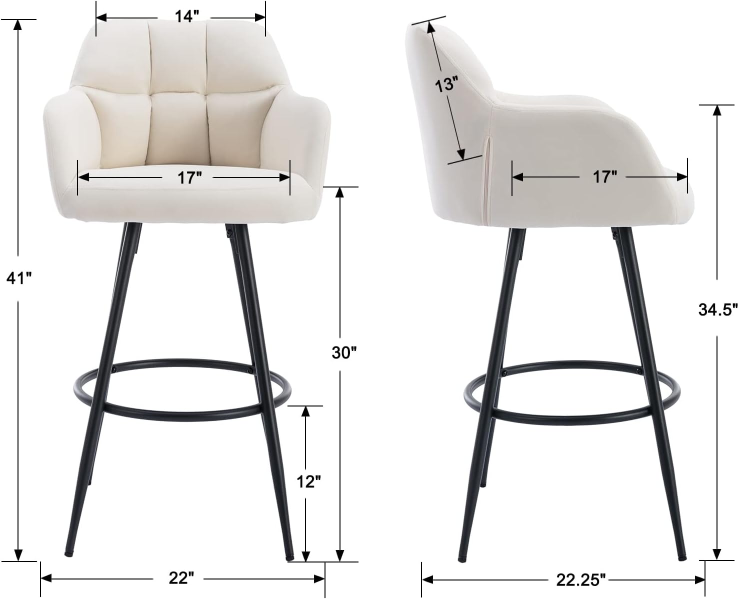 CIMOTA Taburetes de bar modernos de terciopelo de altura de barra, color crema, altura del asiento de 30 pulgadas