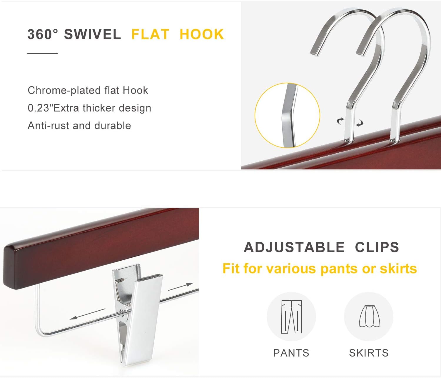 TOPIA HANGER Perchas para pantalones, perchas de madera de cerezo de lujo con clips de metal de alta calidad y gancho plano giratorio de 360
