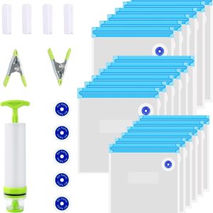 30PCS Sous Vide Bags Kit – 18 Reusable Vacuum Zipper Bags, 6 Sealing Clips, 1 Hand Pump and 5 Air Valve for Vacuum Sealer and Food Storage, Sous 30PCS Sous Vide Bags Kit – 18 Reusable Vacuum Zipper Bags, 6 Sealing Clips, 1 Hand Pump and 5 Air Valve for Vacuum Sealer and Food Storage, Sous