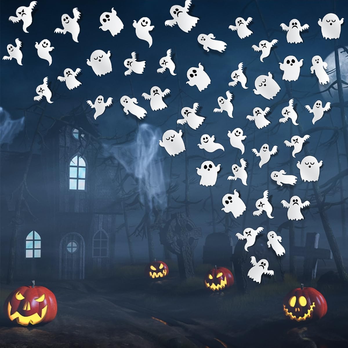 7 estilos de decoración de pared de fantasmas de Halloween, 42 piezas lindas calcomanías de fantasmas 3D, calcomanías reutilizables de pared de