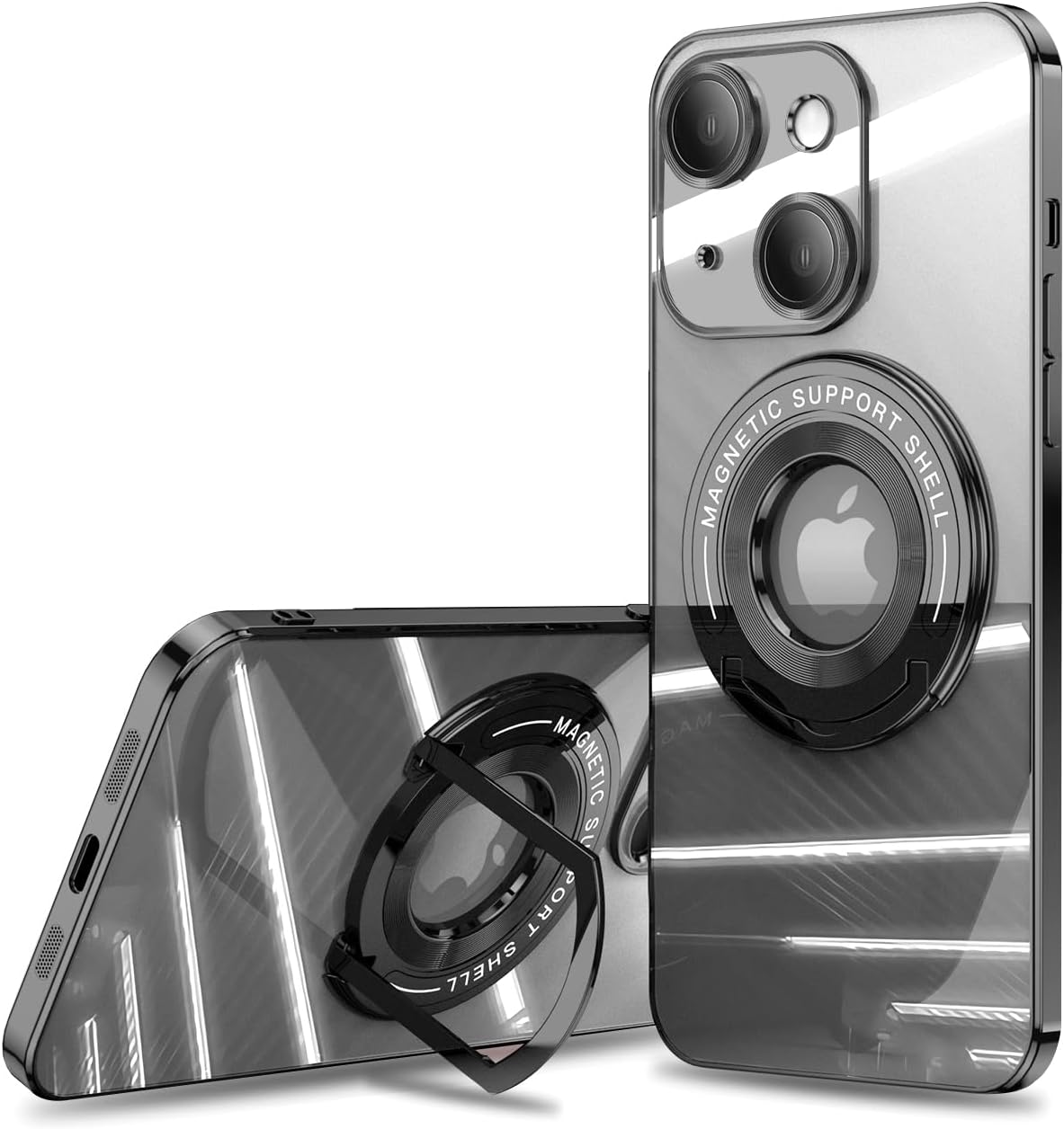 MuZiFei Funda transparente para iPhone 14, chapado en oro rosa, borde de oro rosa, soporte de rotación de 90 grados, delgada, suave, flexible, funda