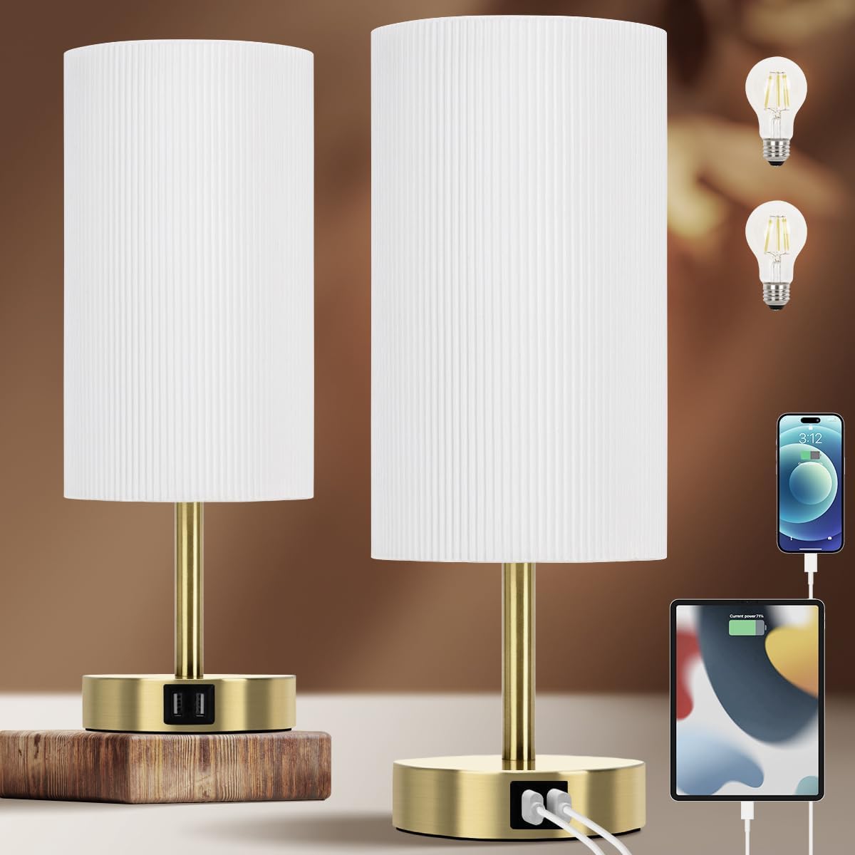 Yarra-Decor Lámpara de noche con puertos de carga USB A+C, juego de dos  Mesa de control táctil para dormitorio, mesa de noche regulable de 3 vías,