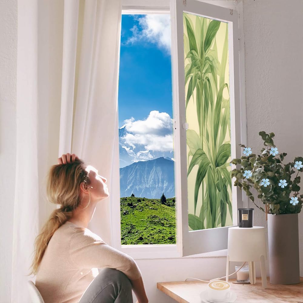 Película de privacidad para ventana, diseño minimalista y clásico de hojas verdes claras, para ventana del hogar y puerta de vidrio, bloqueo solar,