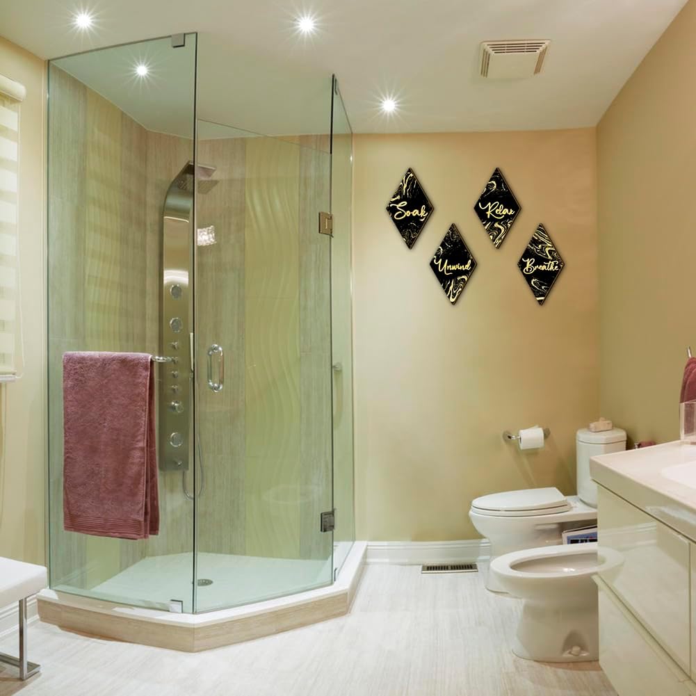 4 piezas de decoración de pared de baño, letreros de madera con forma de diamante, remojar, relajarse, respirar, estilo mármol, decoración artística