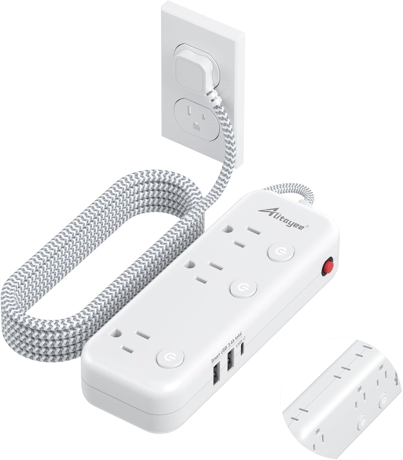 Regleta de alimentación de interruptor individual con 6 tomacorrientes, 3 USB (17 W USB C), cable trenzado de 5 pies, enchufe plano ultrafino, cable