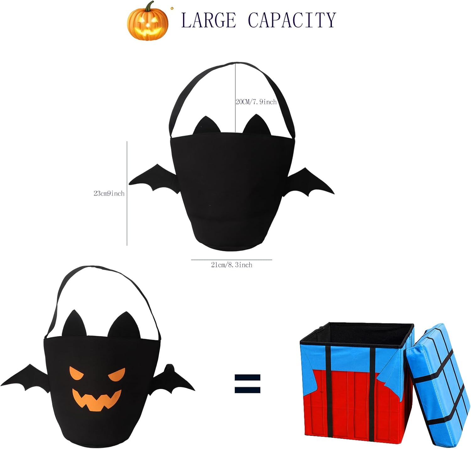 Cubo de Halloween para truco o trato para niños, cesta espeluznante de murciélagos y caramelos, multiusos, portátil, reutilizable, cubo de golosinas