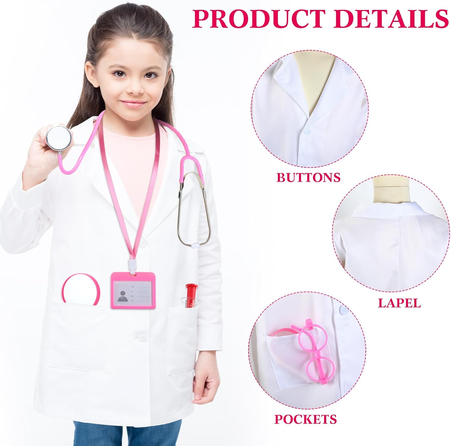 Xtinmee Disfraz de médico para niños, abrigo de laboratorio para niños con tarjetero de identificación, lupa, jeringa, estetoscopio, juguetes