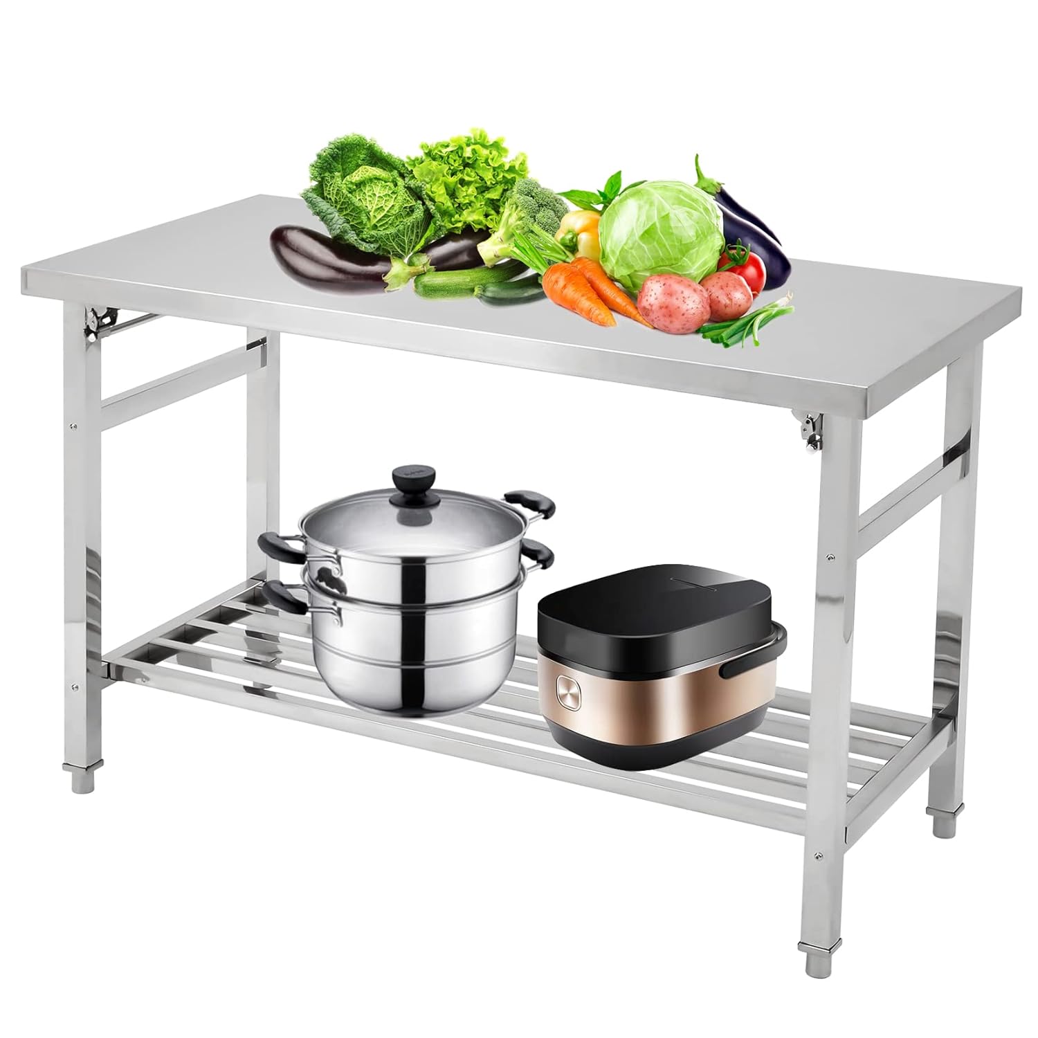 GAOMON Mesa de acero inoxidable de 48 x 24 pulgadas, mesa de comedor portátil para campamento, picnic, fiesta, isla de cocina, mesa de preparación