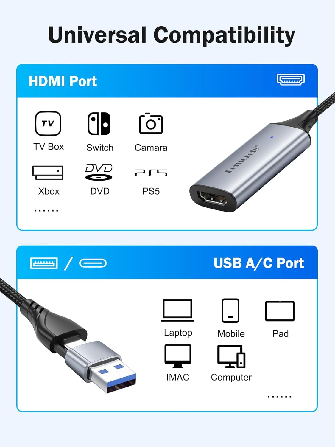 Lemorele Tarjeta de captura de video USB 3.0 a HDMI 4K 1080P 60Hz, tarjeta de captura HDMI con adaptador USB A para ajustar, para juegos,