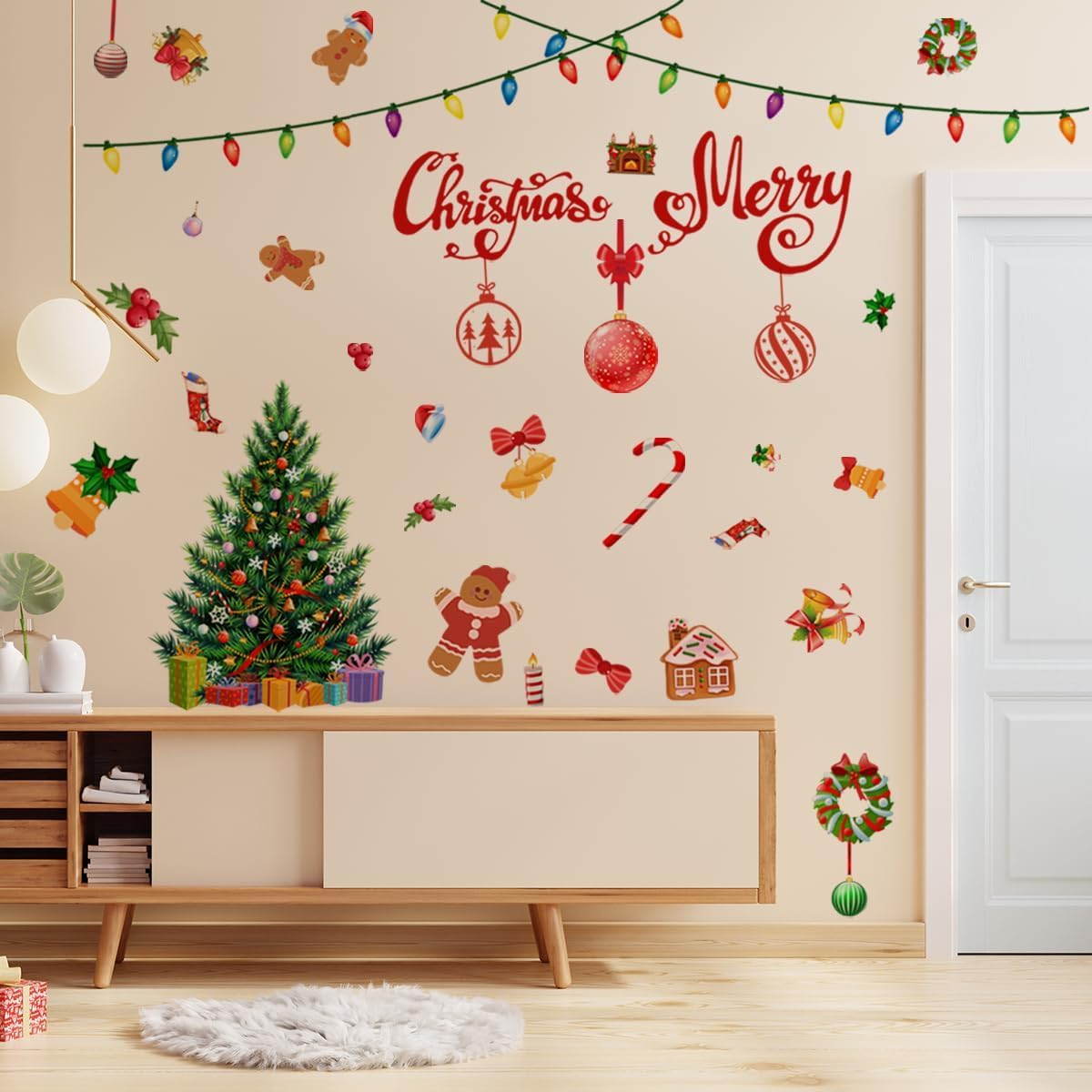 47.24 x 47.24 pulgadas, calcomanía de pared de Feliz Navidad, árbol de Navidad, bola de luz de globo, calcomanías de pared extraíbles para