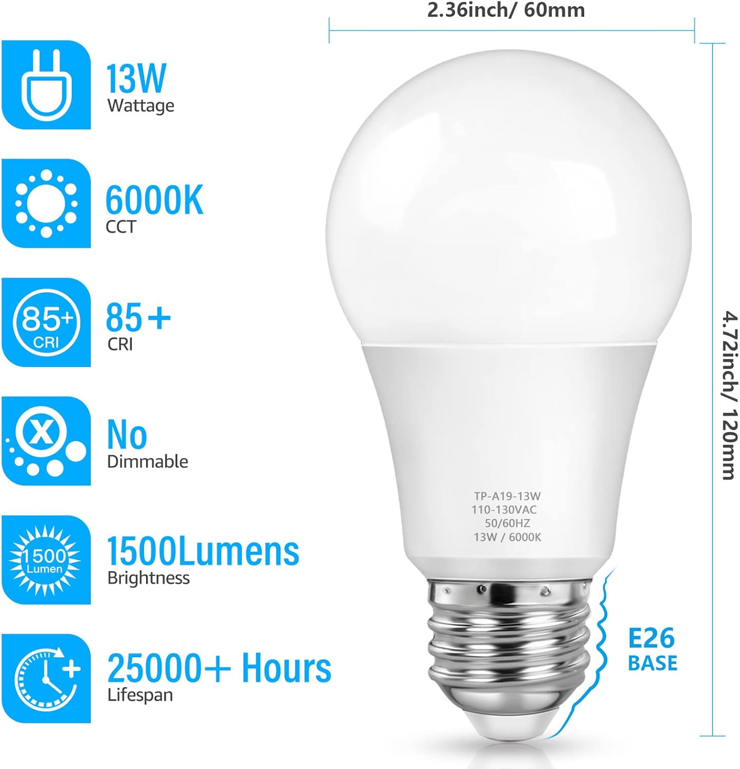 Bombilla LED A19, equivalente a 100 vatios, de lujo con luz diurna de 6000 K, 1500 lúmenes, base estándar E26, no regulable, sin parpadeo para