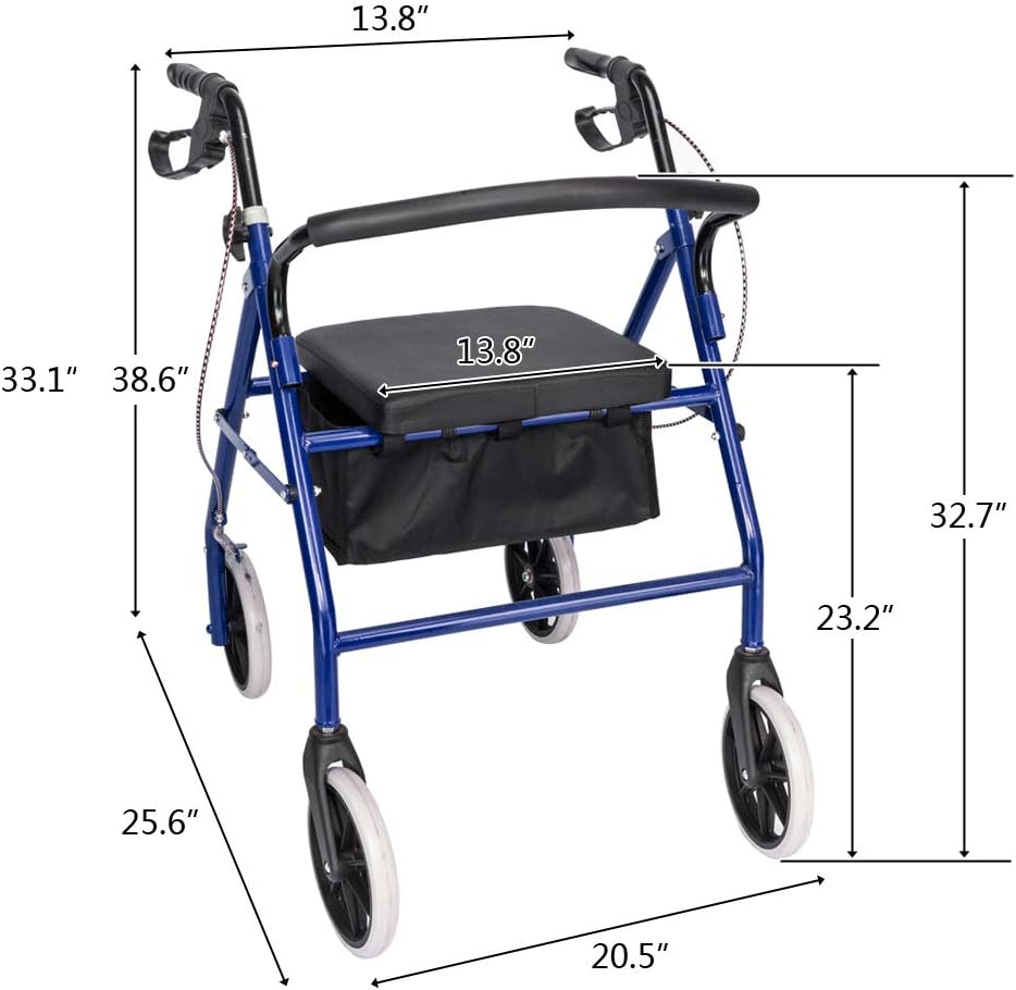 Andador con asiento, andador de acero con ruedas de 8 pulgadas, soporta hasta 286.6 libras, para lesiones, personas mayores y adultos (negro y azul)