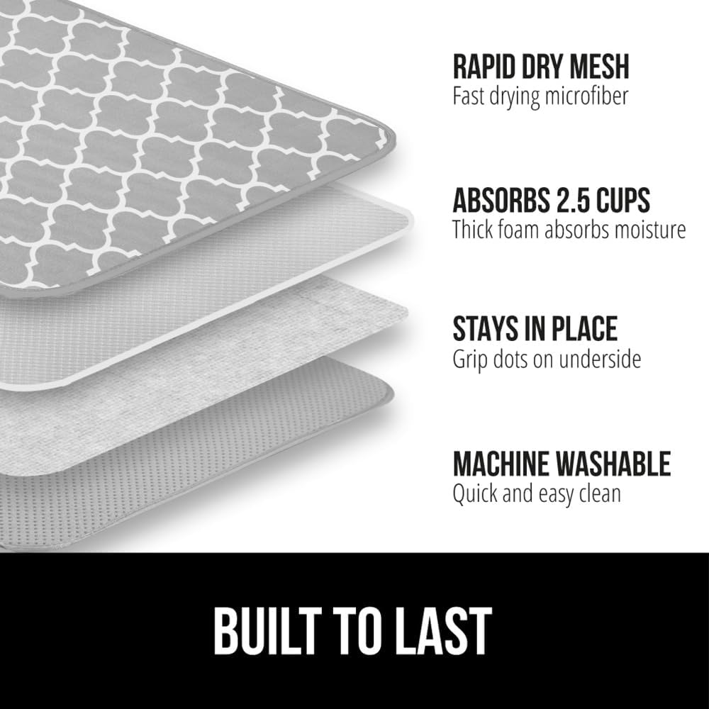 Gorilla Grip Tapete de microfibra ultra absorbente de agua, malla gruesa de secado rápido, almohadilla antideslizante para platos de fregadero o
