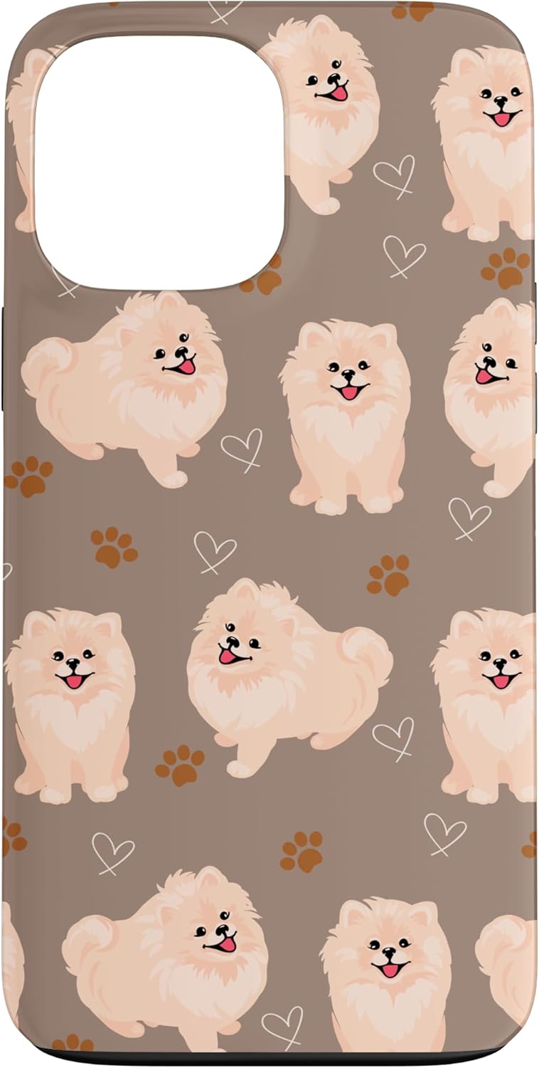 Funda marrón para iPhone 13 Pro Max con diseño de pomerania y cachorros