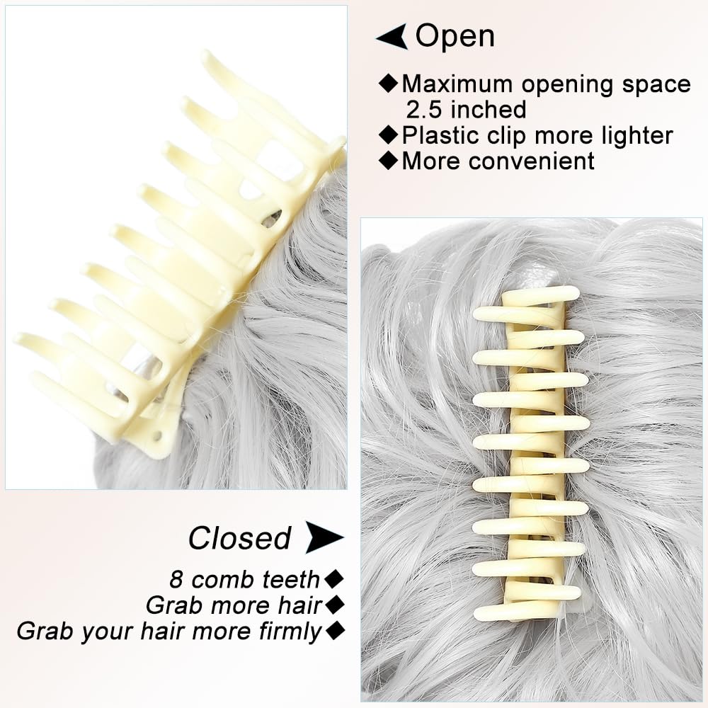 Moño desordenado, pinza de garra, moño despeinado, extensiones de moño sintético rizado para mujer (gris plateado)