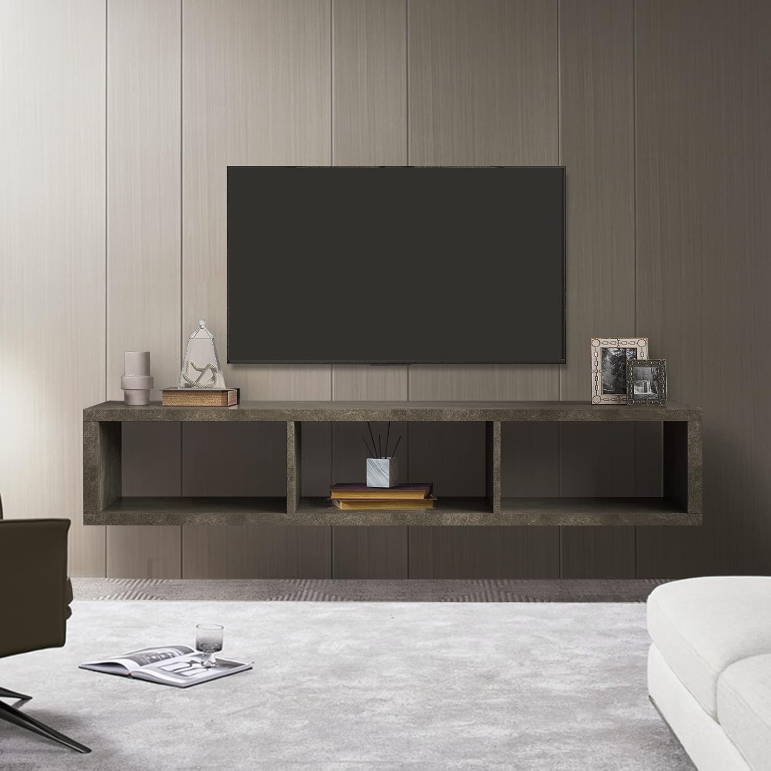 Soporte flotante de TV de 60 pulgadas para montar en la pared con 3 compartimentos abiertos, centro de entretenimiento colgante para sala de estar,