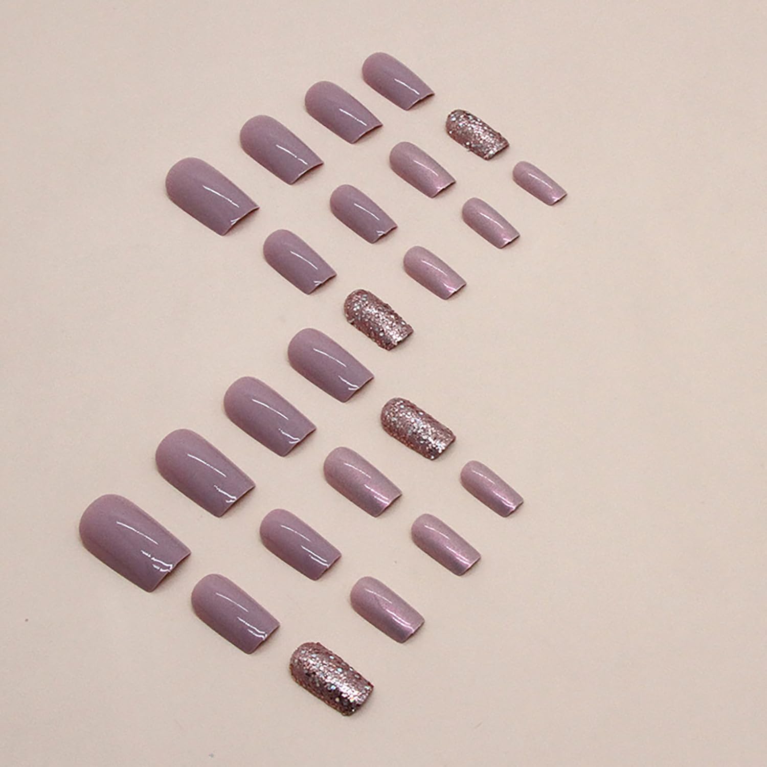 Uñas postizas a presión de color rosa, medianas, cuadradas, uñas postizas acrílicas con diseños de purpurina, uñas cuadradas brillantes, cobertura