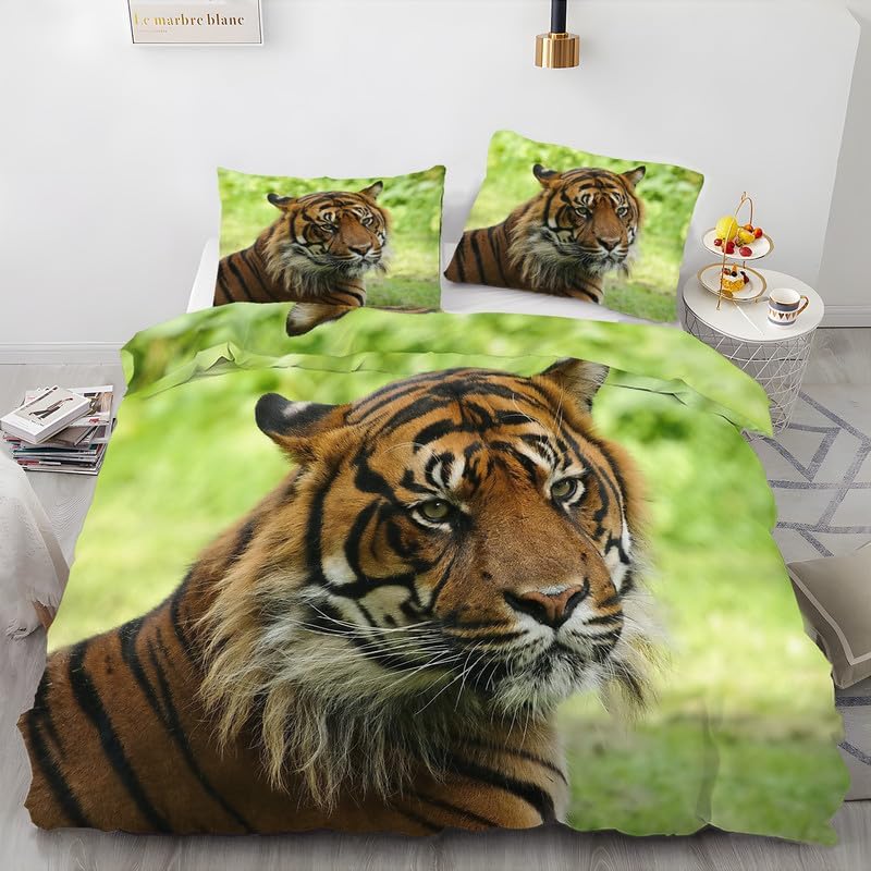 Grass Green Tiger Duvet Cover Full Animal Print Bedding Sets Full Soft Microfiber Comforter Cover and 2 Pillow Shams 20″X26″, Bed Set Duvet Covers
