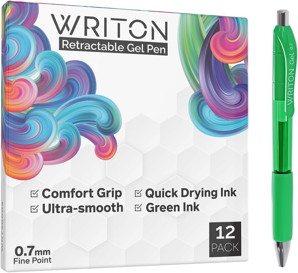 Writon Bolígrafos de gel retráctiles, agarre cómodo, punta fina de 0.028 in, tinta verde, paquete de 12