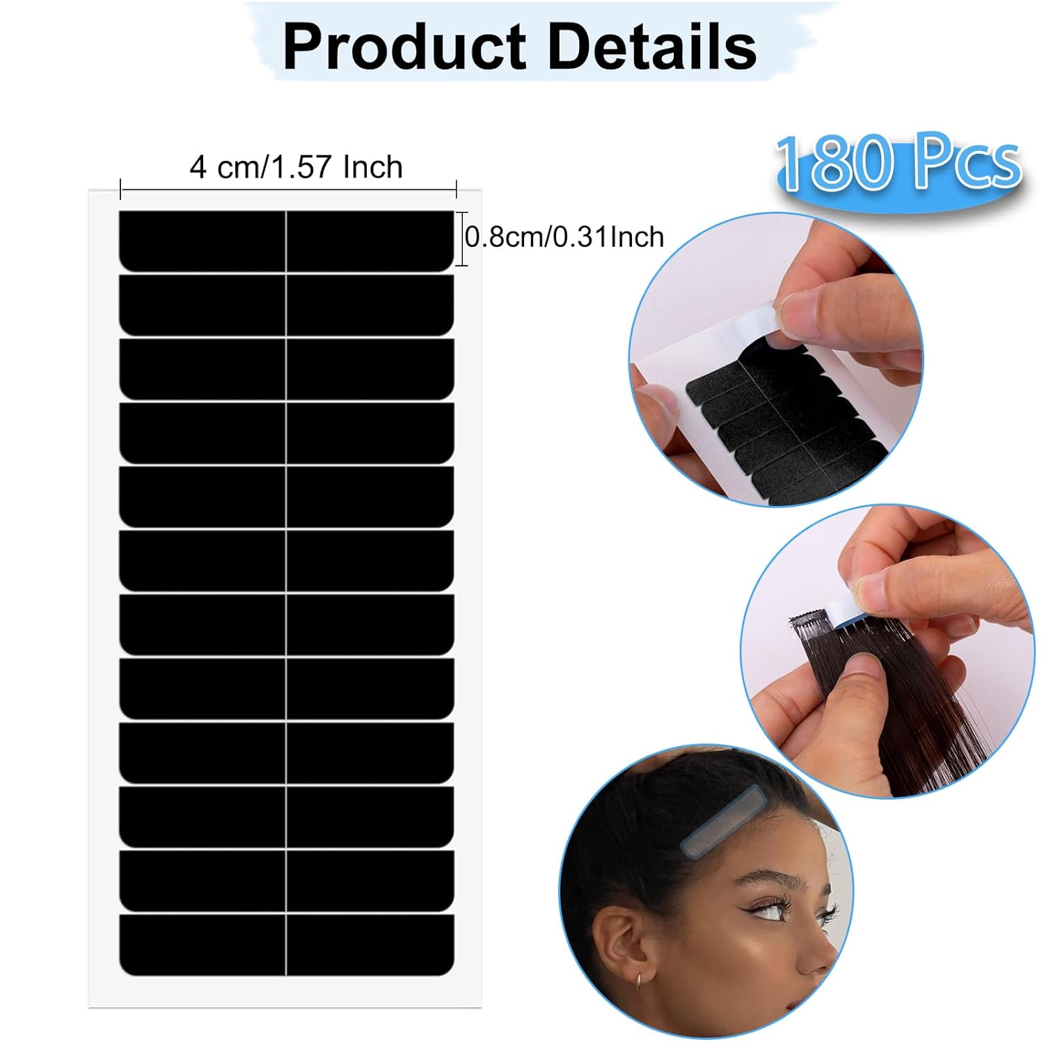 Kachanaa Cinta adhesiva para extensiones de cabello de doble cara para repuesto de 1.6 x 0.3 in, 180 piezas (negro)