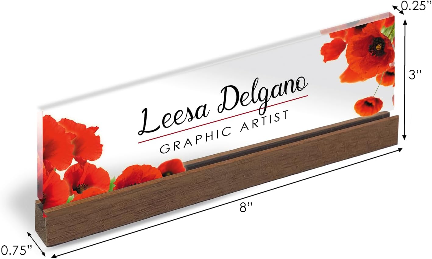 Artblox Placa de identificación personalizada de oficina para escritorio con tarjetero en vidrio acrílico transparente, diseño de flores de amapola,
