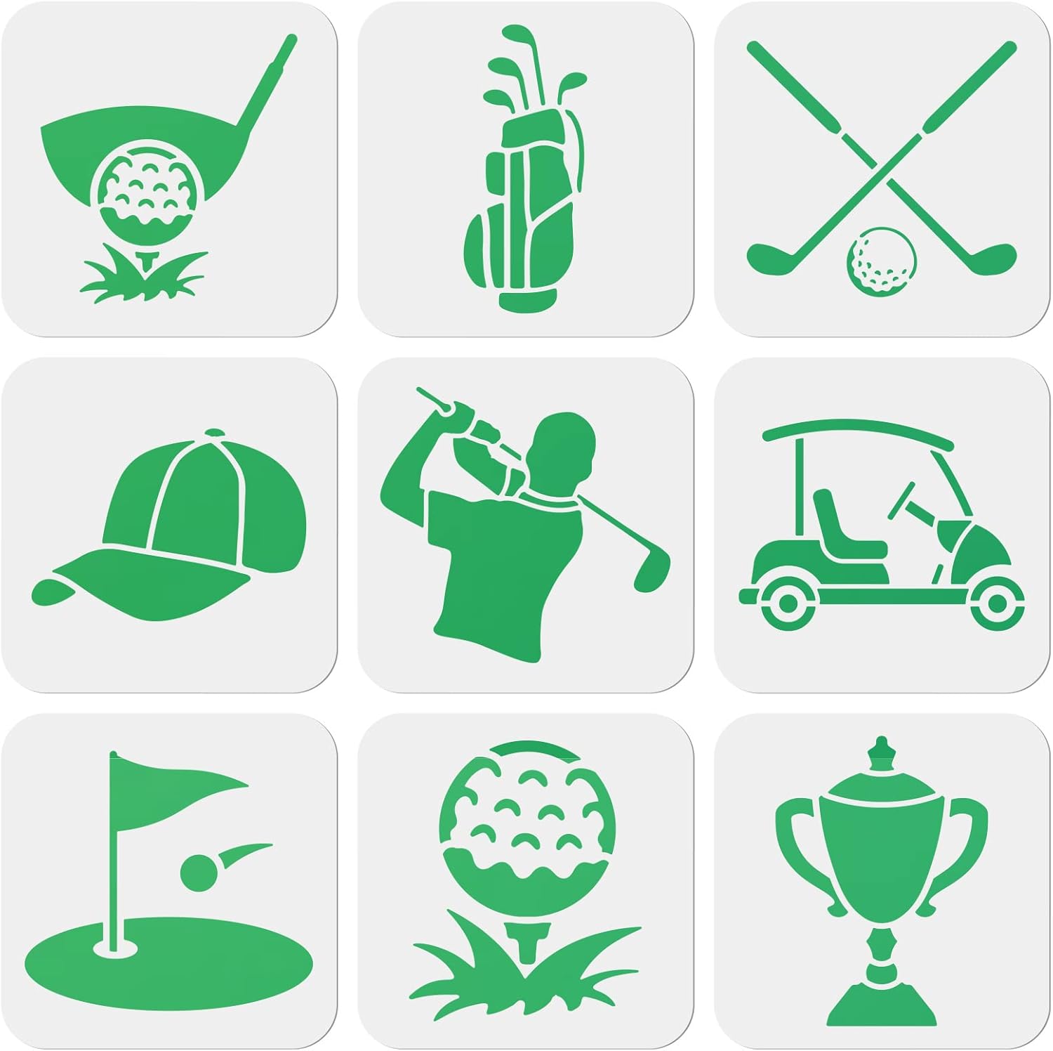 Juego de 9 plantillas de golf para carrito de golf, bolsa de golf, accesorios de golf, plantilla de pelota de golf, 6 x 6 pulgadas, material PET