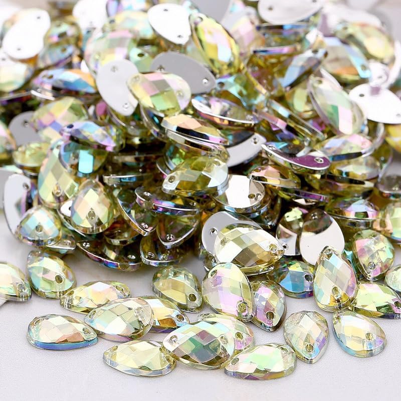 50 piedras preciosas de cristal de gota de agua de 0.31 x 0.51 pulgadas (0.315 x 0.512 in) acrílico AB con parte trasera plana para coser, para