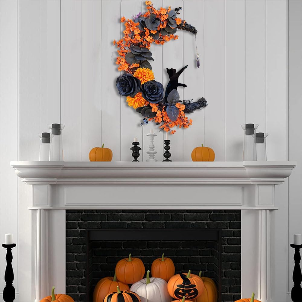 Corona de puerta de Halloween con luz, corona de gato de luna creciente con rosa, coronas de Halloween negras para decoración de pared de ventana de