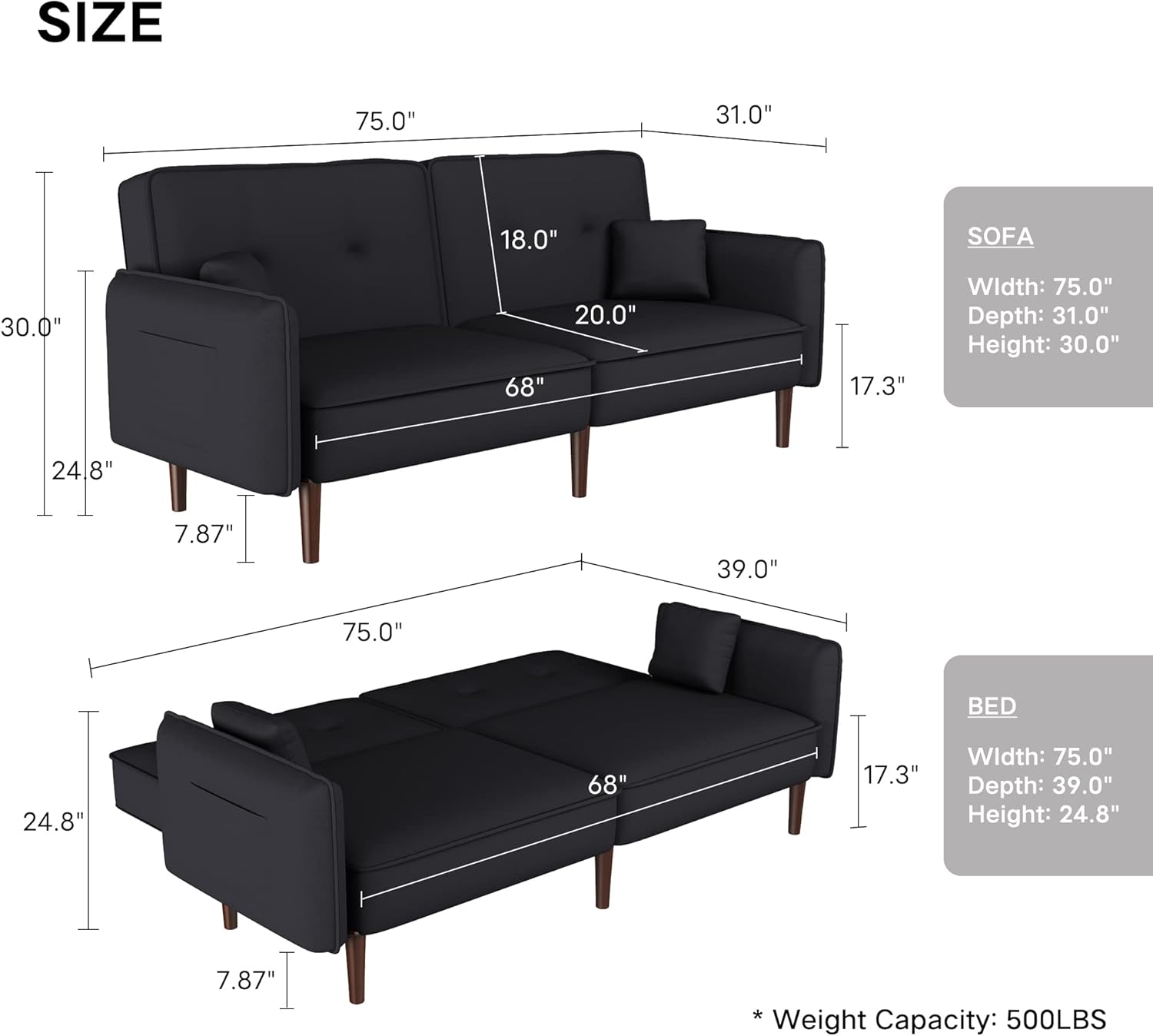 Sofá biplaza tipo futón, sofá cama convertible con bolsa para revistas, patas de madera maciza en tela negra para sala de estar, dormitorio,