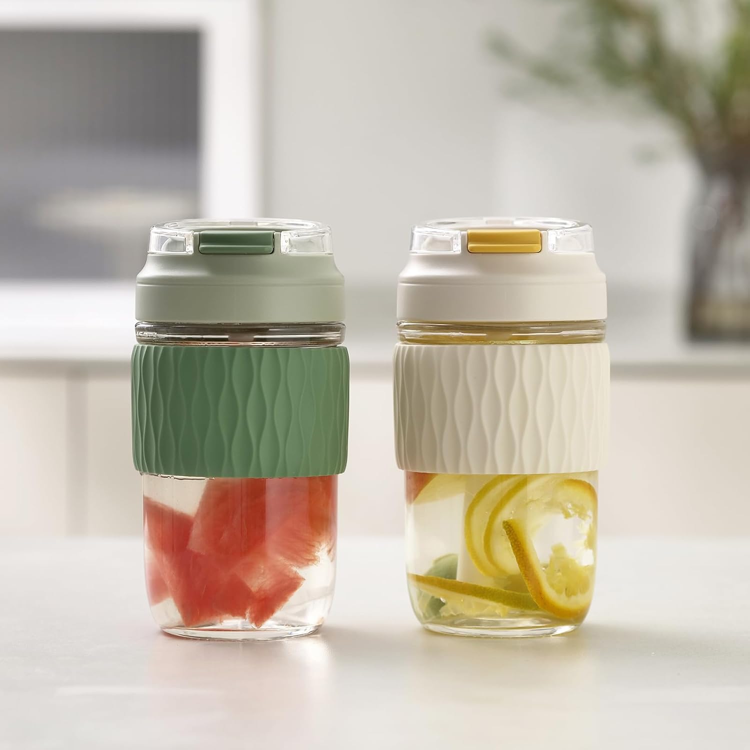 Vaso de vidrio de 16 onzas con popote y tapa, taza de café de vidrio de doble bebida con funda de silicona, vaso de café a prueba de fugas para
