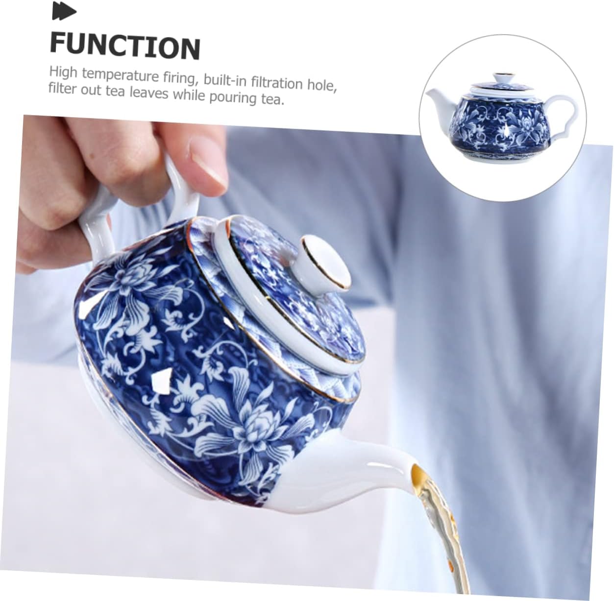 Uonlytech Tetera de porcelana azul y blanca, tetera de cerámica, tetera de viaje, tetera retro, tetera portátil de cerámica con asa, tetera pequeña