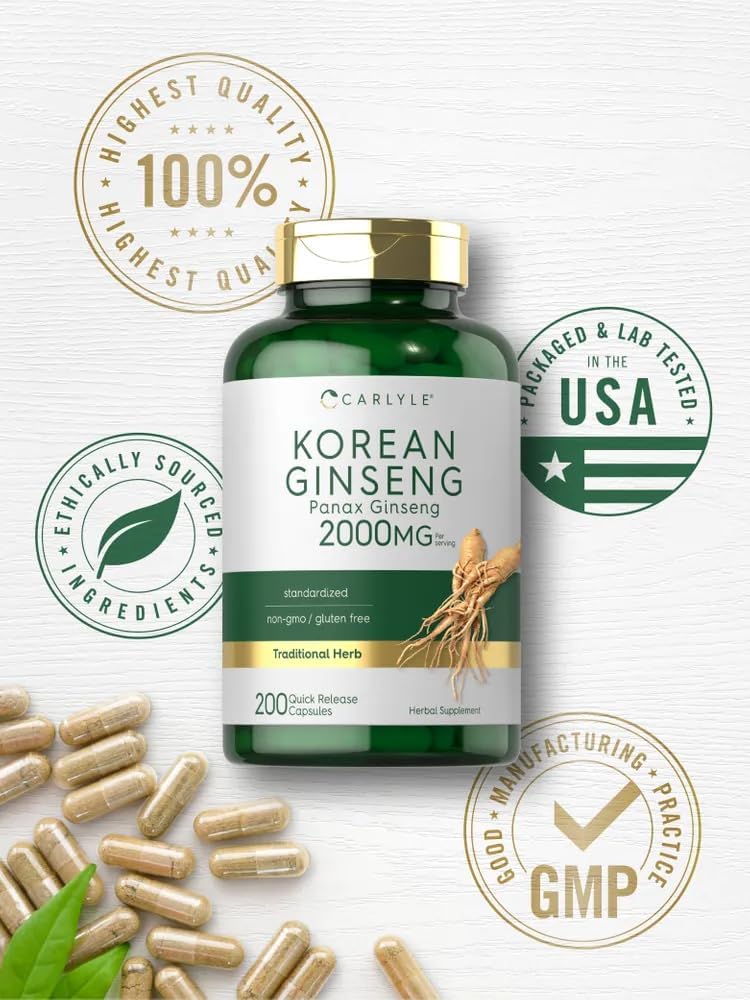 Carlyle Cápsulas de extracto de ginseng coreano de 2000 mg  200 cápsulas  Fórmula sin OMG y sin gluten  Suplemento estandarizado de Panax Ginseng