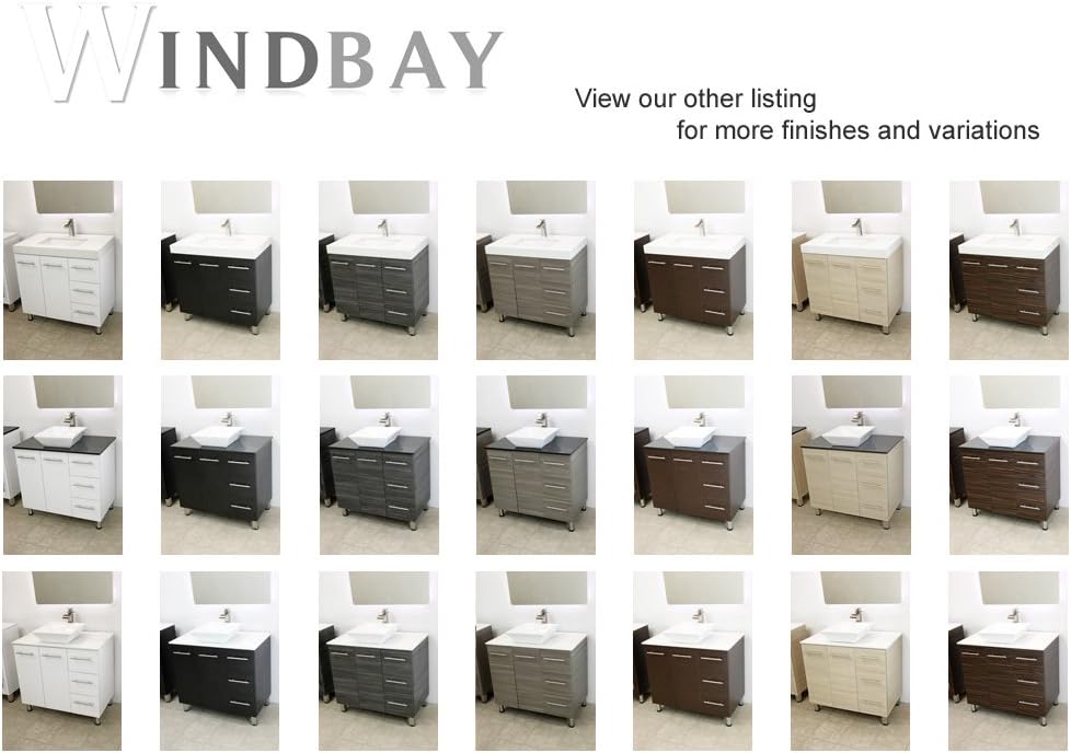 WINDBAY Tocador de baño independiente de 36″, gris pardo. encimera de piedra plana blanca
