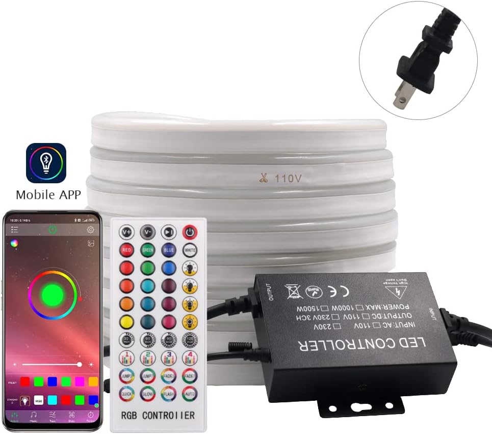KISUFU Tira de luces LED de neón CA de 110 a 120 V, RGB 5050 SMD, multicolor, múltiples modos con control remoto de 40 teclas, cuerda de luz LED