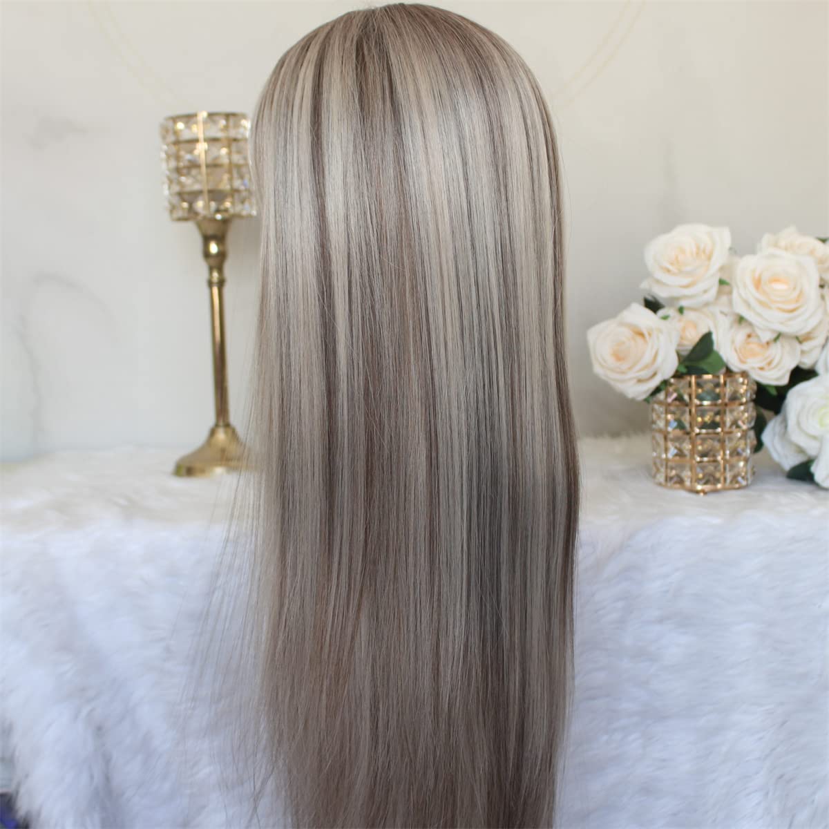 Aisom Peluca sintética larga y recta con flequillo, mezcla de platino marrón y rubio ceniza, pelucas ombré para mujer, peluca con reflejos
