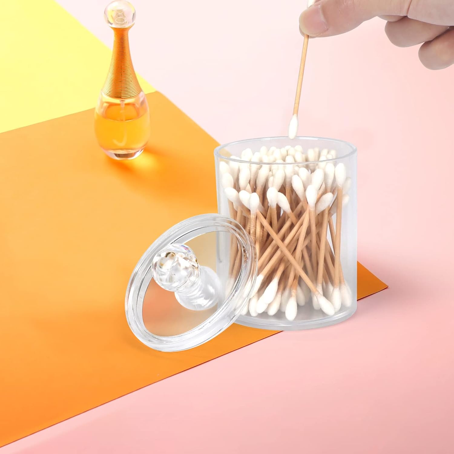 Qtip – Dispensador de almohadillas de algodón para hisopos de algodón, bolas de algodón, hilo dental, 2 en 1, acrílico transparente, almohadillas de