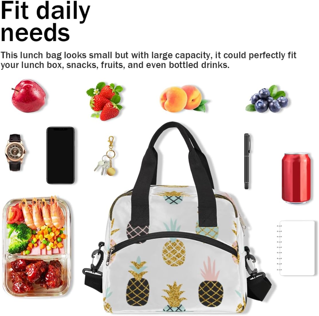Bolsa de almuerzo aislada para mujeres y hombres, colorido patrón de piña a prueba de fugas, bolsa de almuerzo grande reutilizable para adultos con