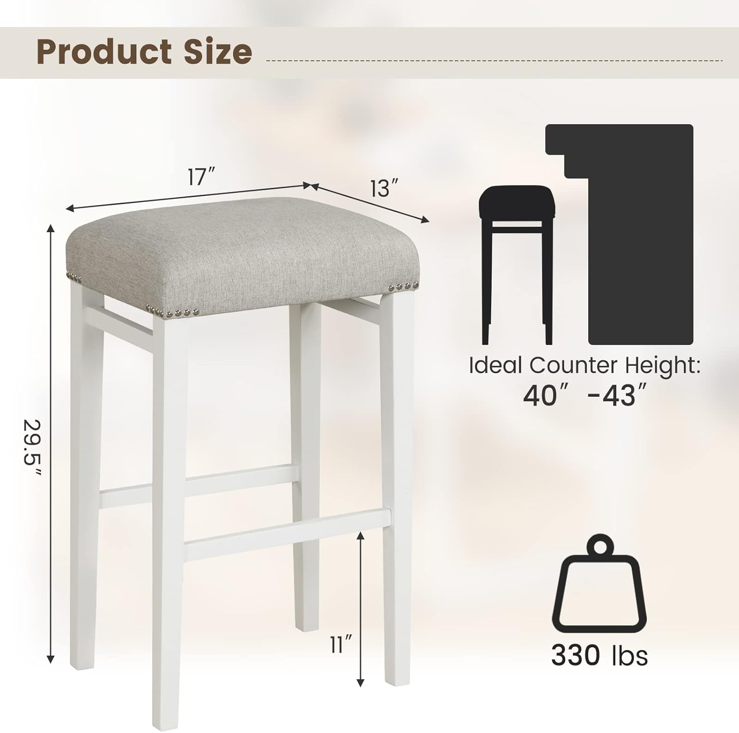 COSTWAY Juego de 2 taburetes de bar de 29.5 pulgadas de altura de mostrador con cojines de asiento acolchados, patas de madera de caucho natural,