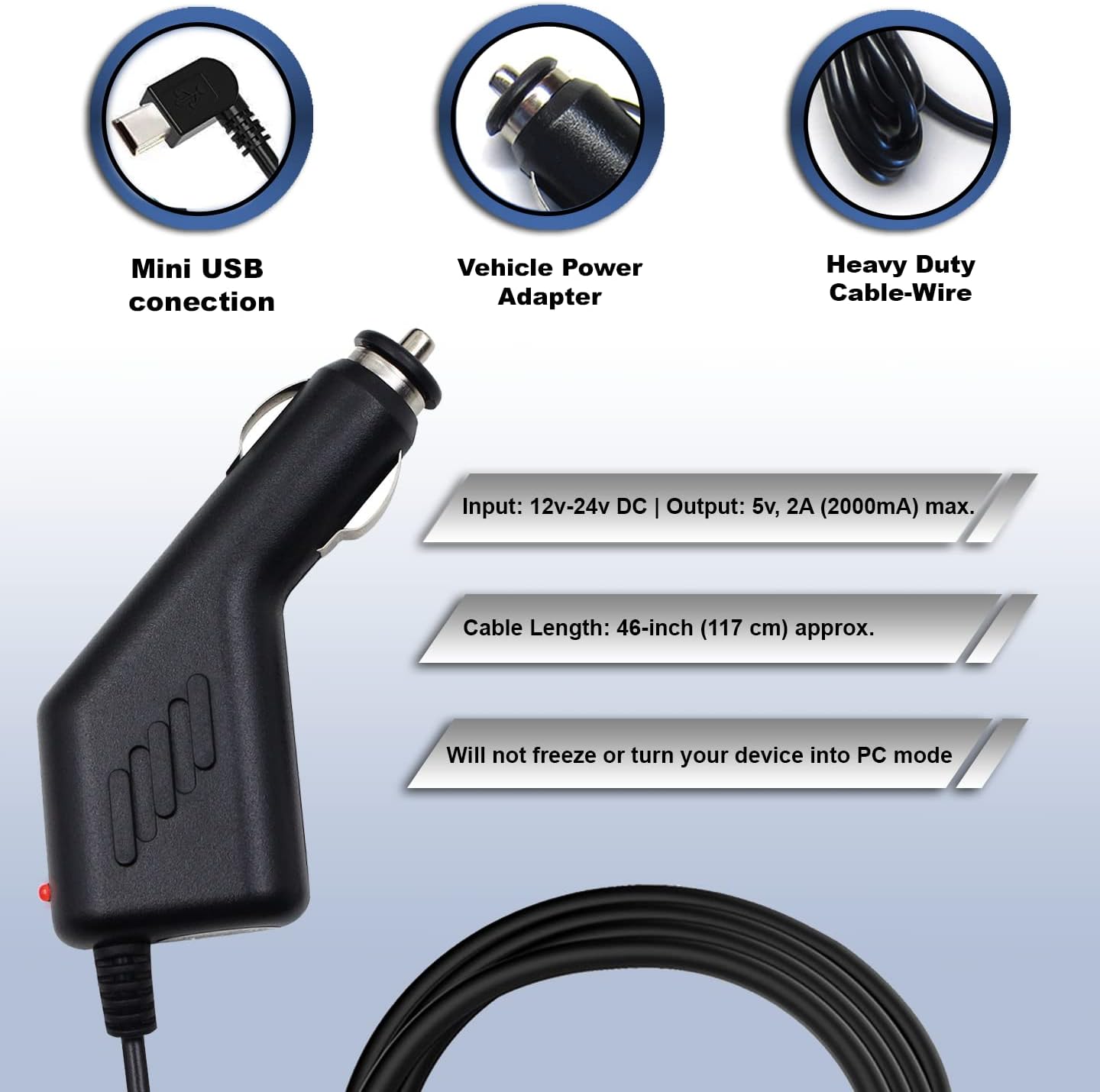 Ramtech – Cable adaptador universal de corriente para cargador de coche DC 12V 2A para GPS + lápiz capacitivo adicional, compatible con Garmin Nuvi