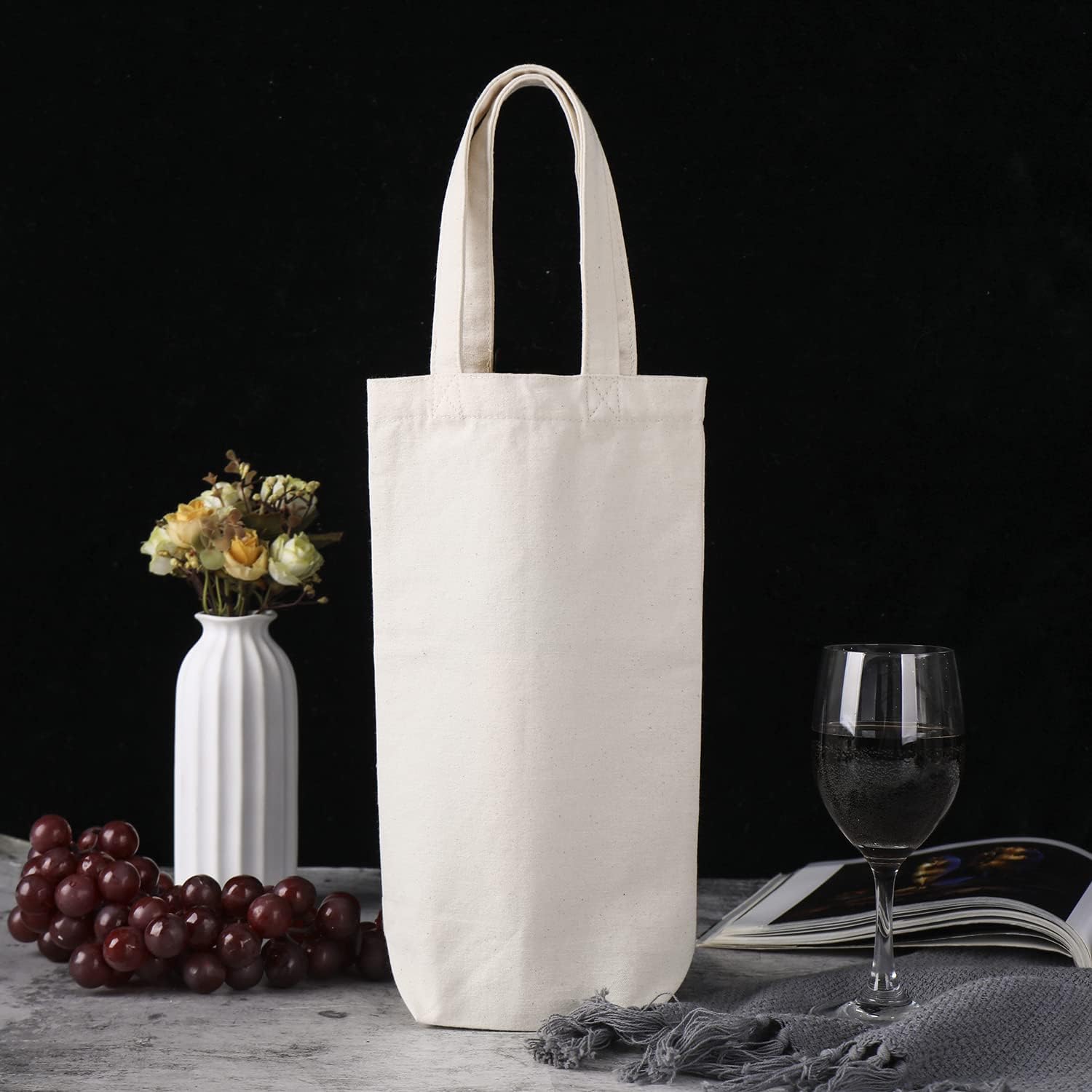Bolsa de vino, 10 x 7 x 2 pulgadas, 4 bolsas reutilizables de lona de algodón con etiqueta de cordón, Gris