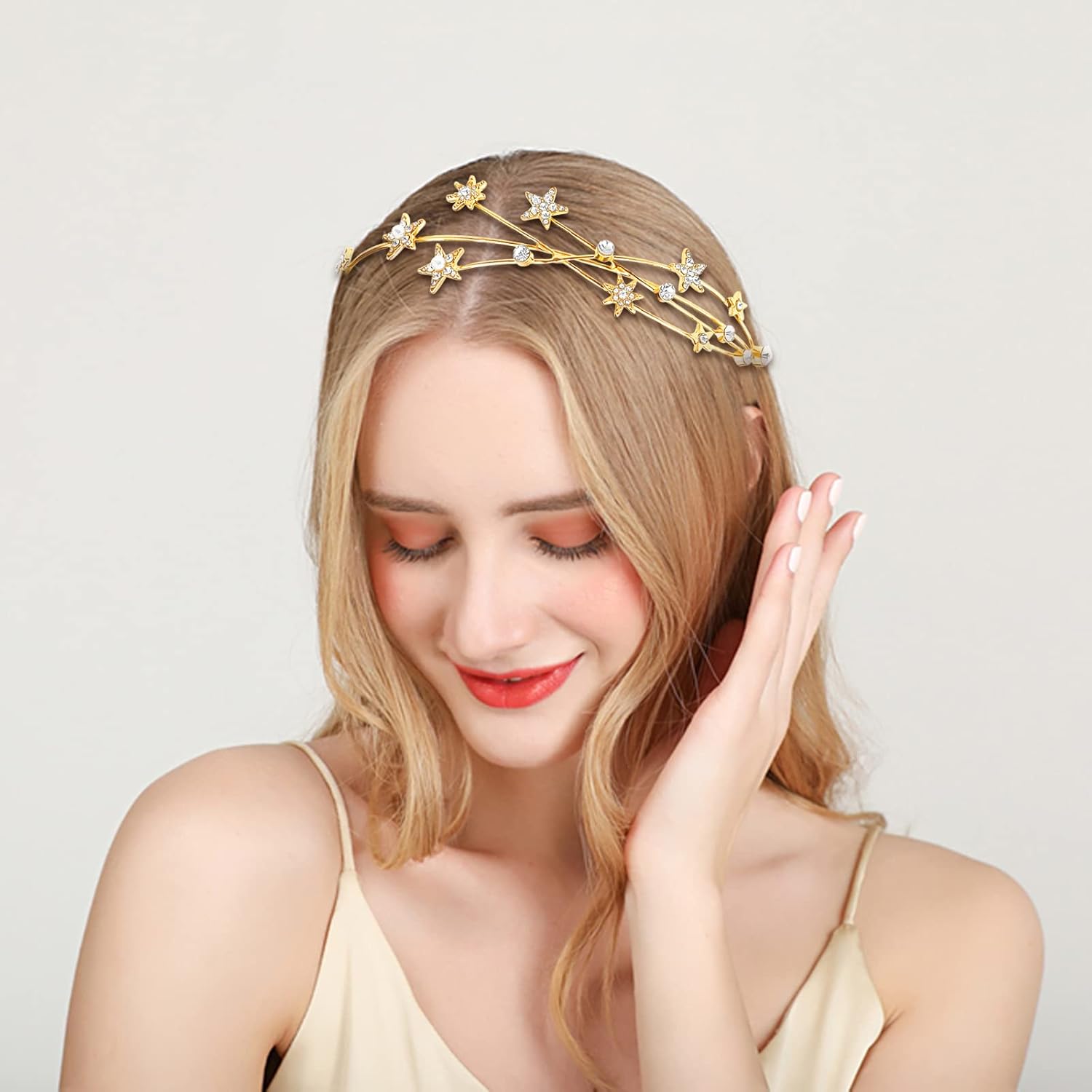 Aswewamt 2 diademas doradas de aleación de diamantes de imitación de cinco puntas con estrellas para novia, accesorio decorativo para el cabello,