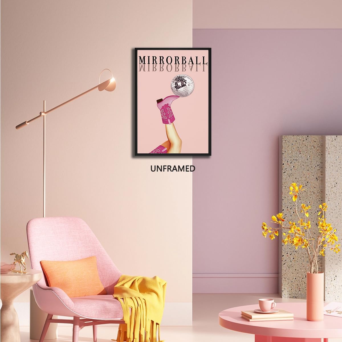 Cyprethy Funky Mirrorball – Lienzo decorativo para pared, póster de decoración de botas de vaquera occidental, arte de pared femenino rosa intenso,