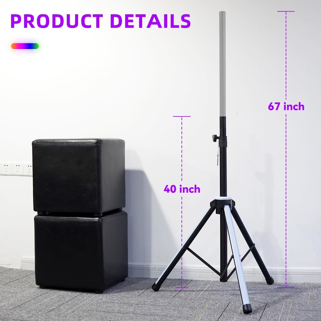 Soportes para altavoces resistentes, par de LED multicolores, soportes de trípode para altavoces de DJ, altura ajustable de 40 a 67 pulgadas,