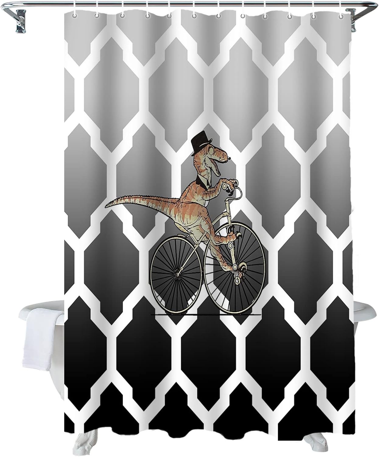 Vandarllin Divertida cortina de ducha con diseño geométrico de dinosaurio para bicicleta, juego de cortinas de ducha para niños, con ganchos, tela
