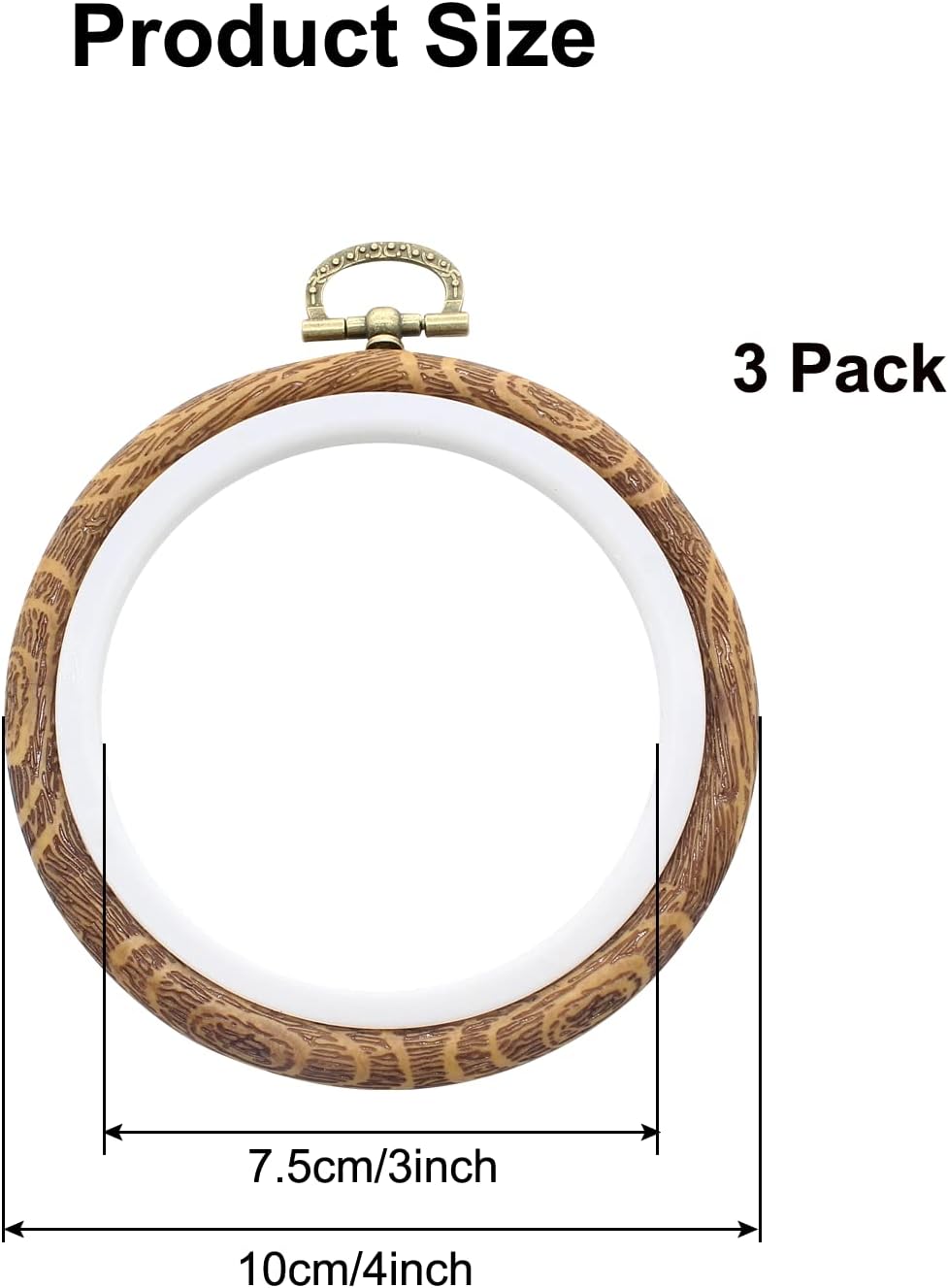 Kyuionty Paquete de 3 aros redondos de bordado de 4 pulgadas, marco de exhibición de madera imitada, anillo de aro para manualidades, costura y