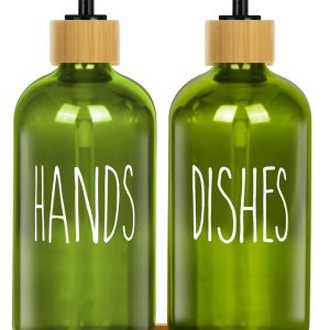 YIKHOM Dispensador de jabón de cristal con bandeja, dispensadores de jabón líquido de granja de 16 onzas para cocina, 2 dispensadores de jabón de YIKHOM Dispensador de jabón de cristal con bandeja, dispensadores de jabón líquido de granja de 16 onzas para cocina, 2 dispensadores de jabón de