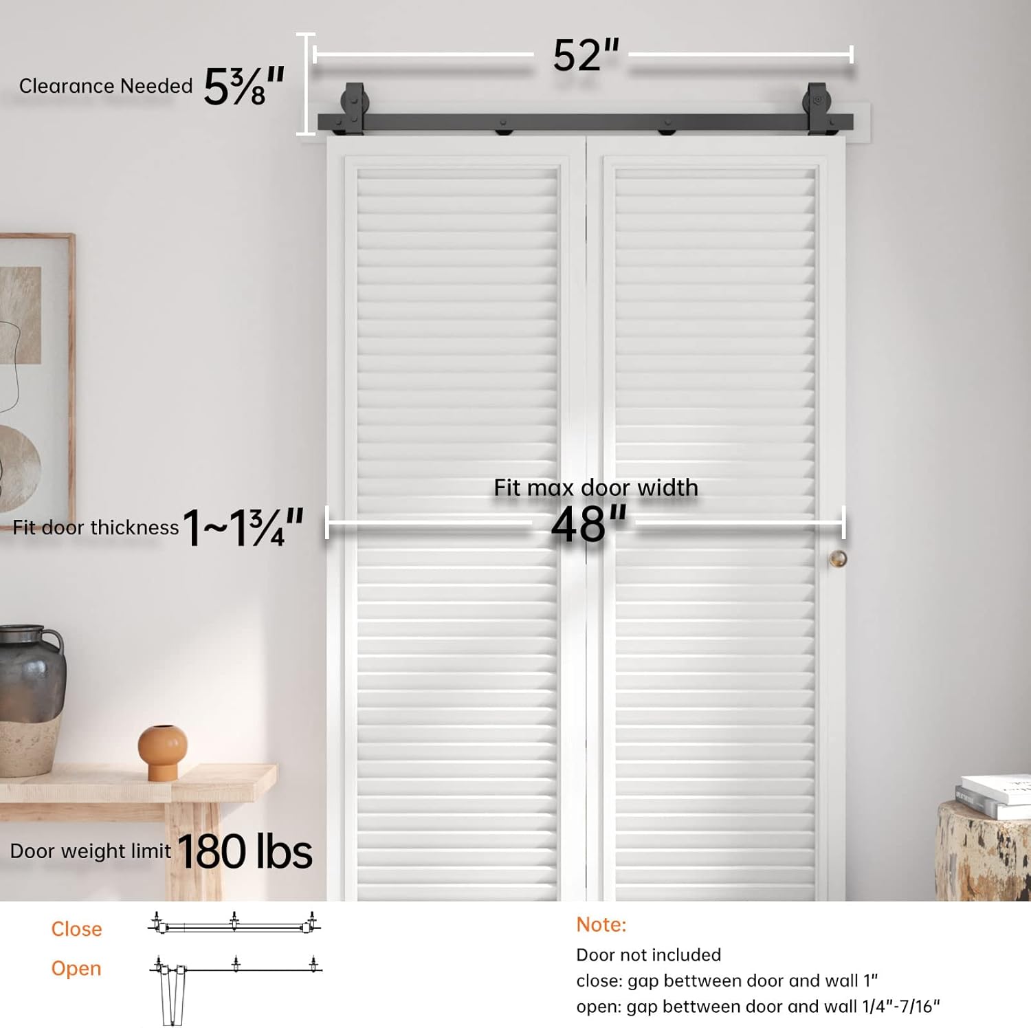 EaseLife Kit de riel de 48 pulgadas para puerta corredera de granero biplegable para 2 puertas de armario, rodillo de montaje superior, resistente,