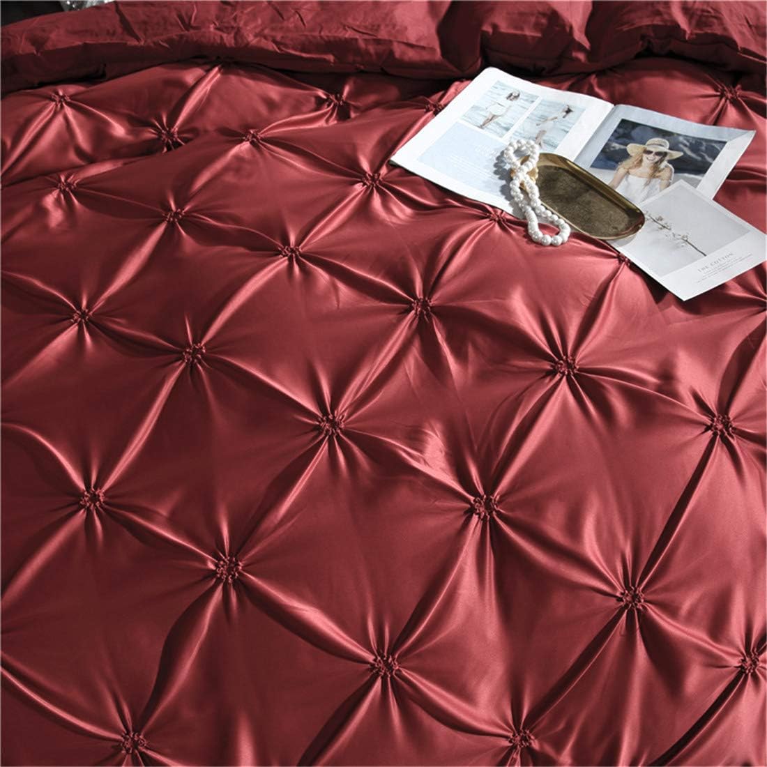 Erosebridal – Juego de funda de colcha plisada para hombre y mujer, juego de cama de satén sedoso con cierre y lazos esquineros, cubrecama