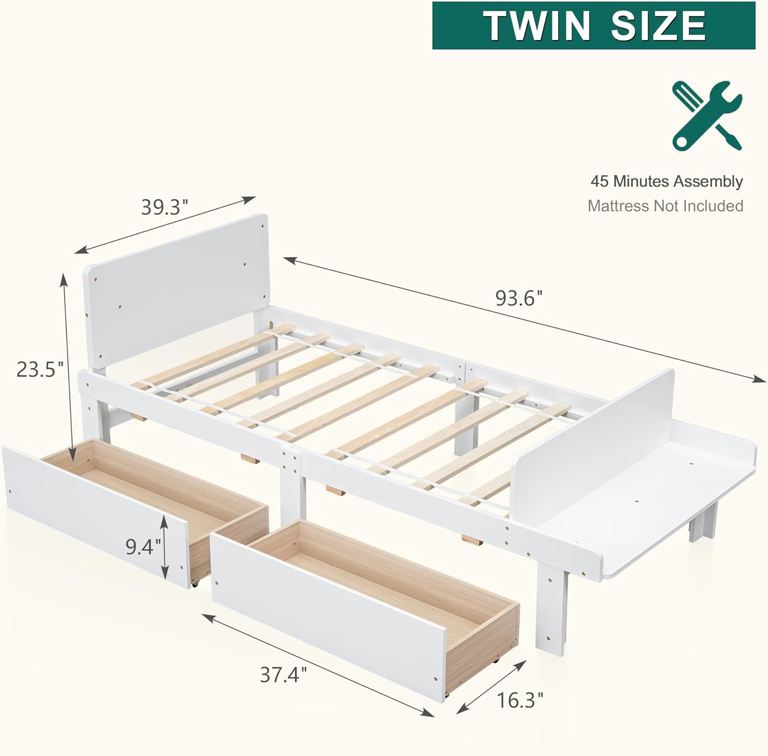 Dolonm Base de cama individual para niños con 2 cajones, plataforma de almacenamiento con banco de estribo, marco de cama individual para niños,